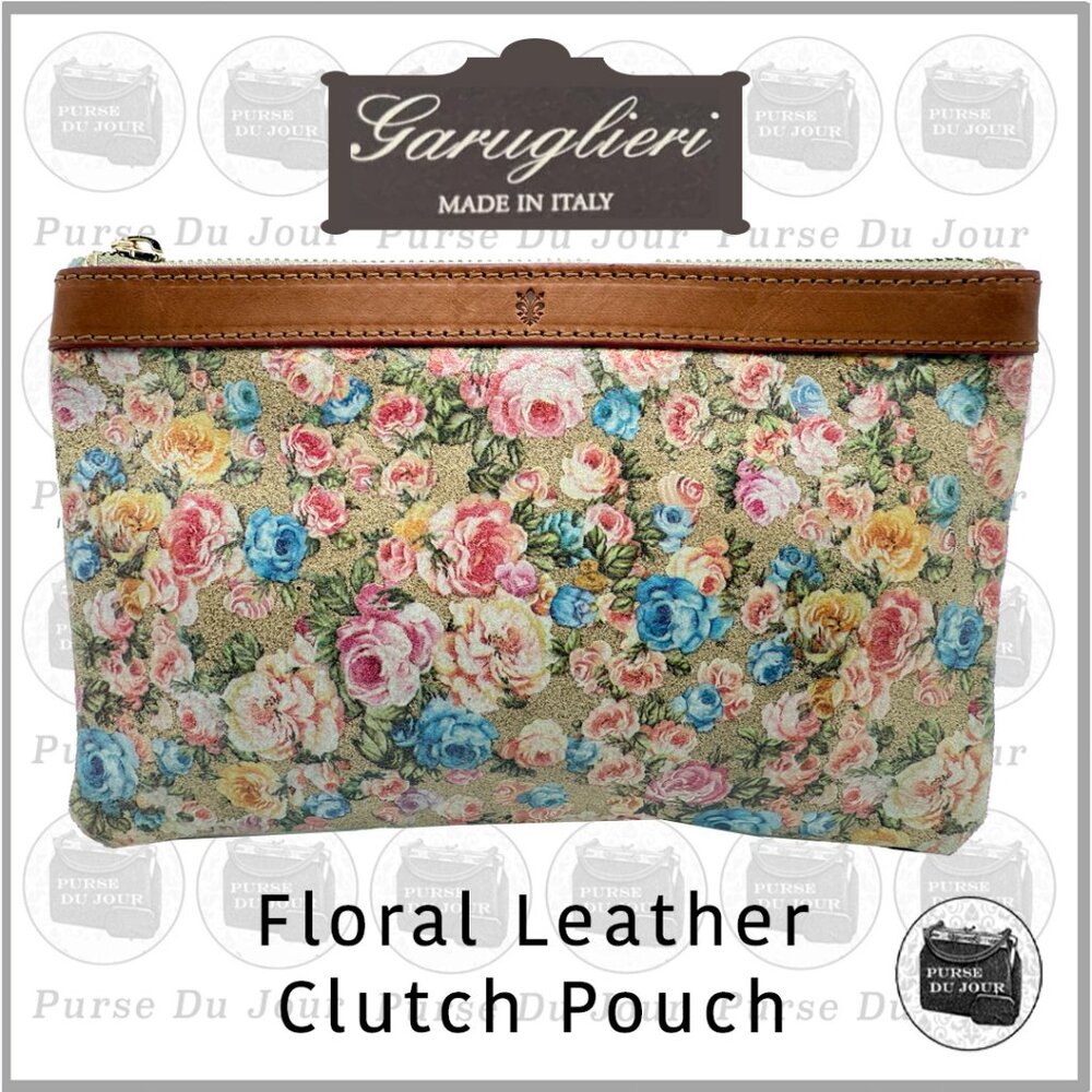 Garuglieri  Floral Leather with Tan Trim Clutch Pouch Made In Italy